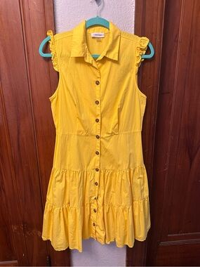 Calvin Klein Bright Yellow Button-Front Tiered Dress 100% cotton